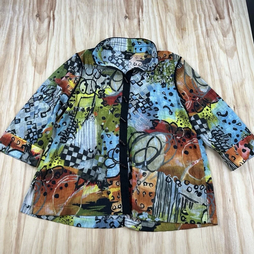 Ali Miles Women's 1X Abstract Multi Print Textured Woven Wire Collar 3/4 Sleeve